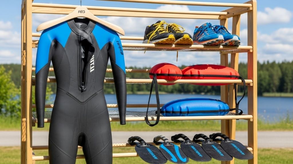 Organized swimrun gear drying rack displaying wetsuit, shoes, pull buoys, and hand paddles with proper spacing for optimal airflow