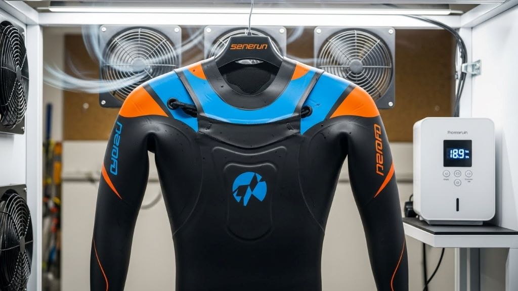 Swimrun wetsuit hanging on specialized wide-shoulder hanger in well-ventilated drying station with fans and dehumidifier