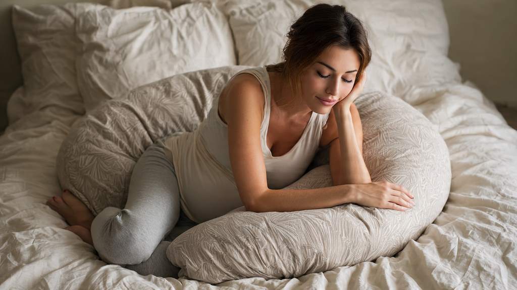 Side view of a C-shaped pregnancy support pillow aligning hips and belly for better sleep posture.