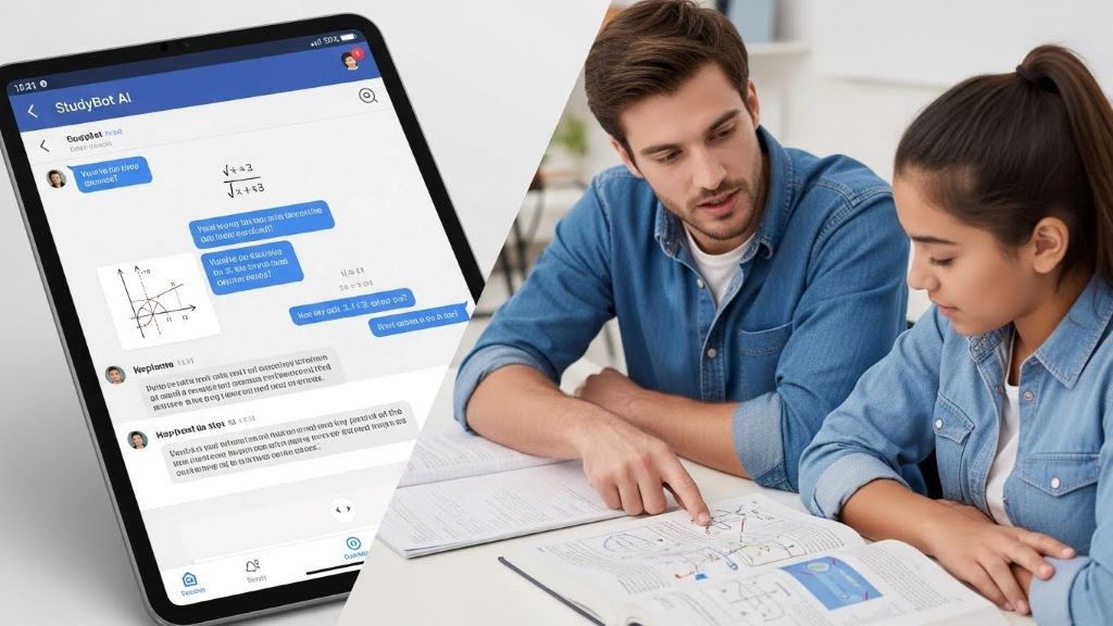 Split screen showing AI chatbot interface on one side and student receiving help from human tutor on other side demonstrating homework support options