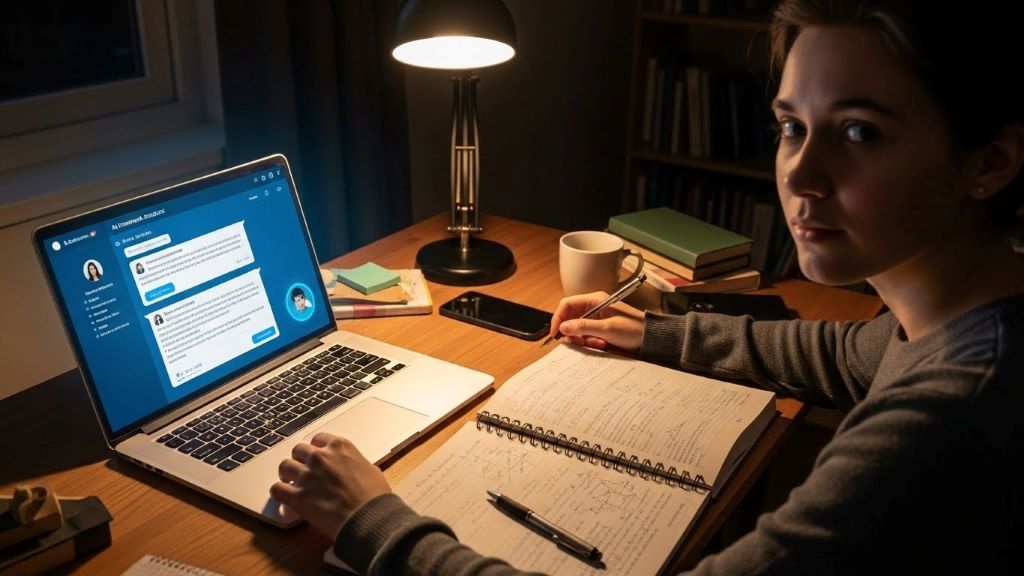 Student sitting at desk comparing laptop showing AI homework assistant with textbook and notebook representing traditional human tutoring methods