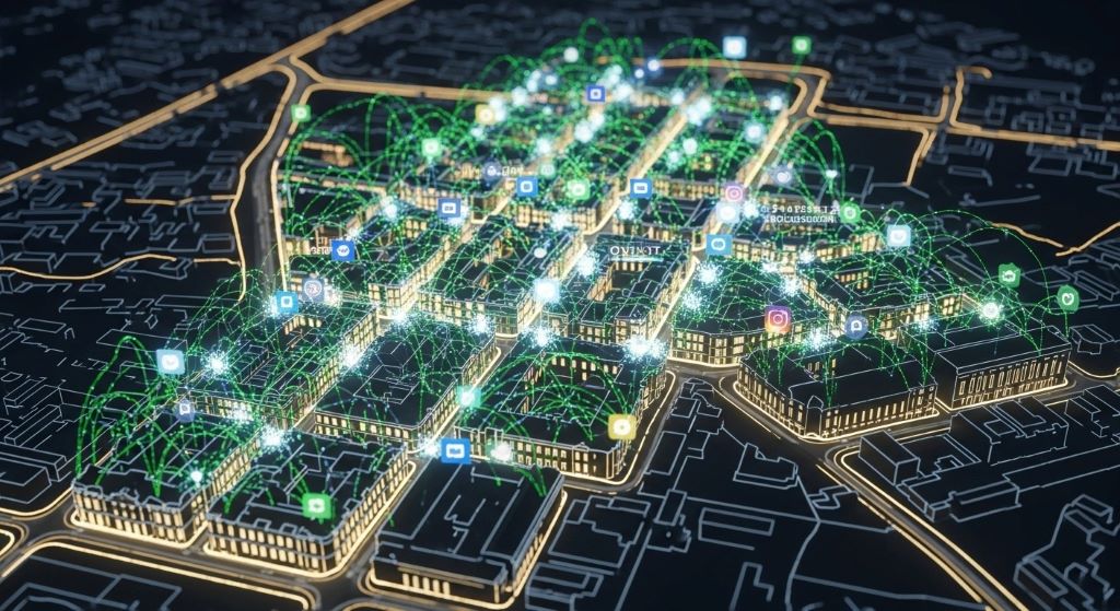 Social media map showing hyperlocal content diffusion patterns within neighborhood boundaries and engagement clusters