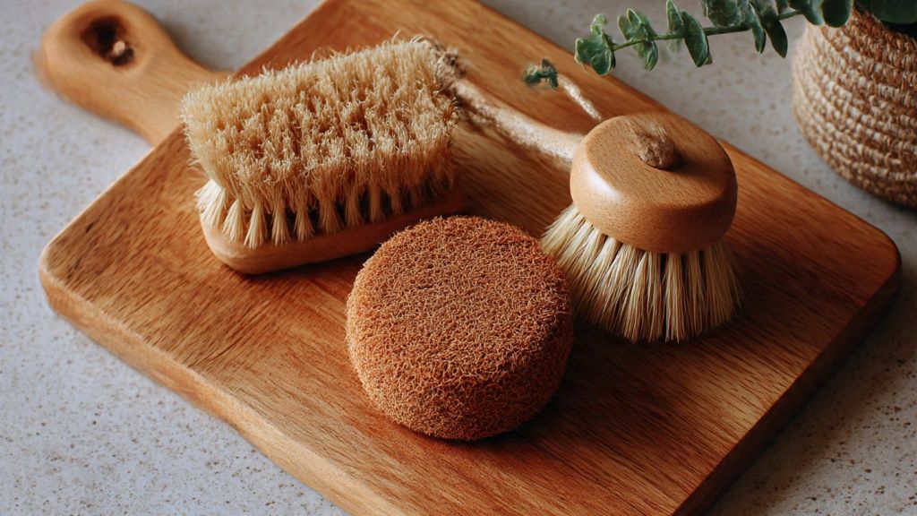 Natural coconut coir scrubber and bamboo cleaning brush on wooden cutting board