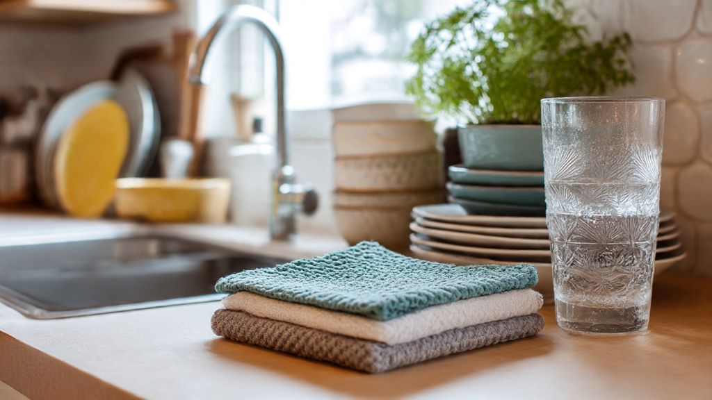 Reusable Swedish dishcloth absorbing water on kitchen counter with dishes