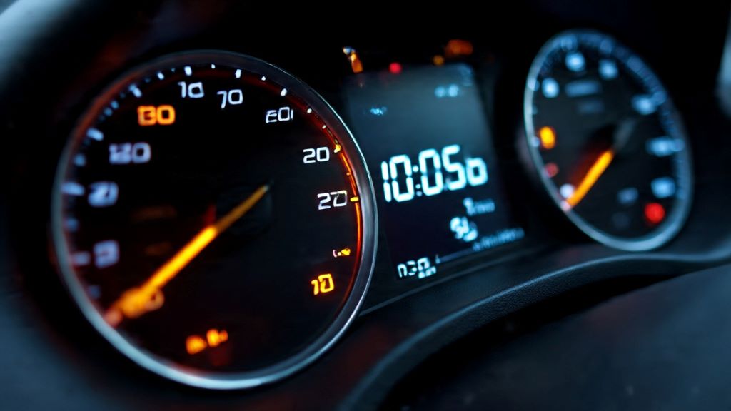 Dashboard fuel economy display showing high MPG reading in lightweight efficient vehicle