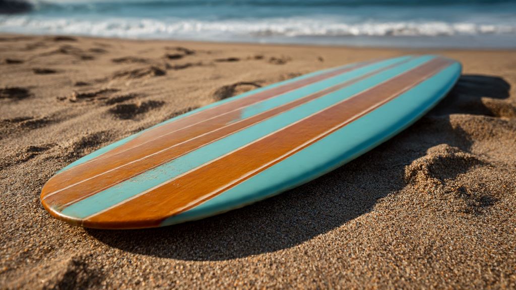 Vintage Simmons Spoon surfboard showing distinctive wide tail and parallel rails from 1950s era surfing innovation