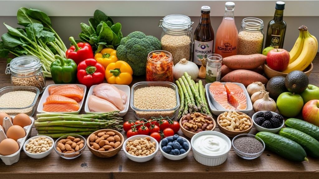 Week-long whole food meal plan ingredients including fresh vegetables, lean proteins, and fermented foods arranged on kitchen counter