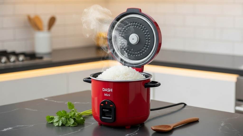 Compact Dash Mini Rice Cooker steaming fresh rice on a kitchen counter.