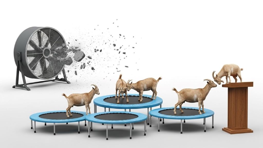 Goat Simulator 3 debate stage overview showing interactive elements including lighting rigs audience seating and campaign posters