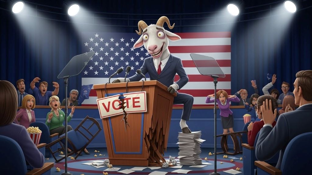 Goat character standing at presidential debate podium causing chaos with broken props and scattered audience members