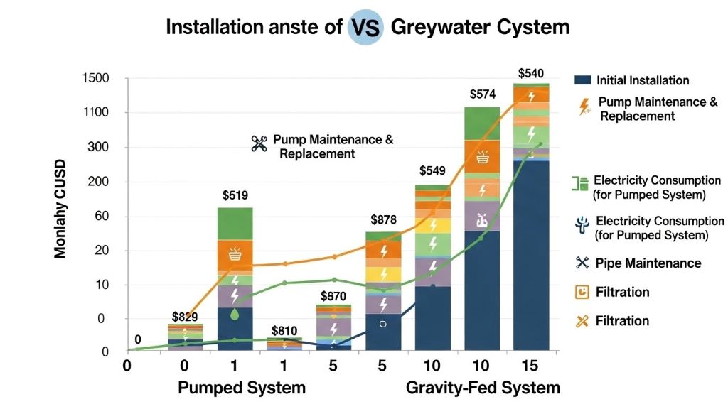 Comparison chart displaying pumped versus gravity-fed greywater system installation and operating costs over 15 years