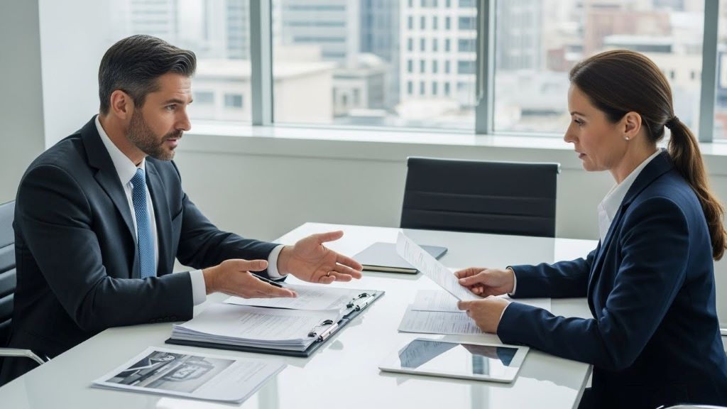 Legal professional negotiating car accident claim with insurance company on behalf of injured victim
