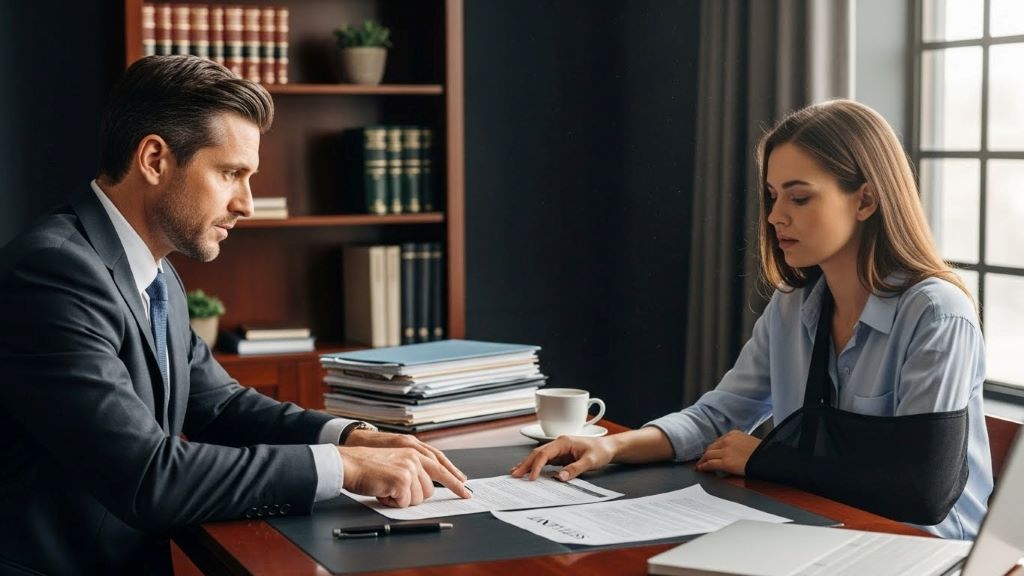 Car accident attorney reviewing settlement documents with injured client in office consultation