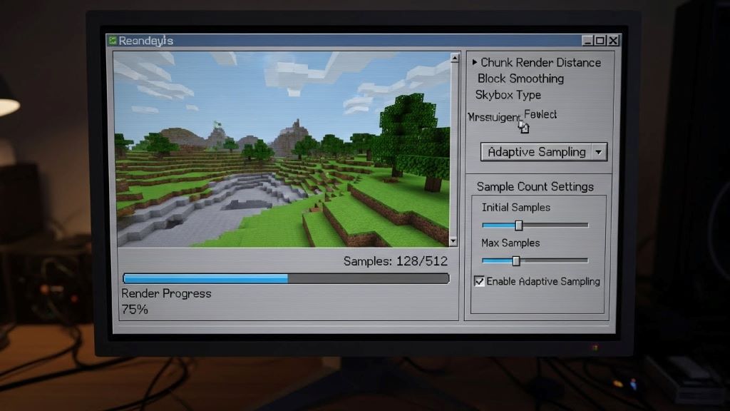 Chunky rendering software interface displaying sample count settings and render progress for Minecraft world visualization