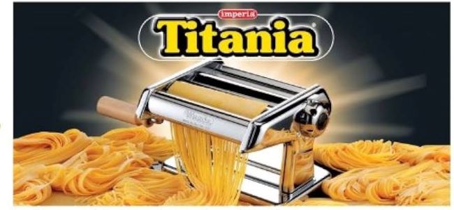 Stainless steel Imperia Titania pasta machine showing durable construction and hand crank.