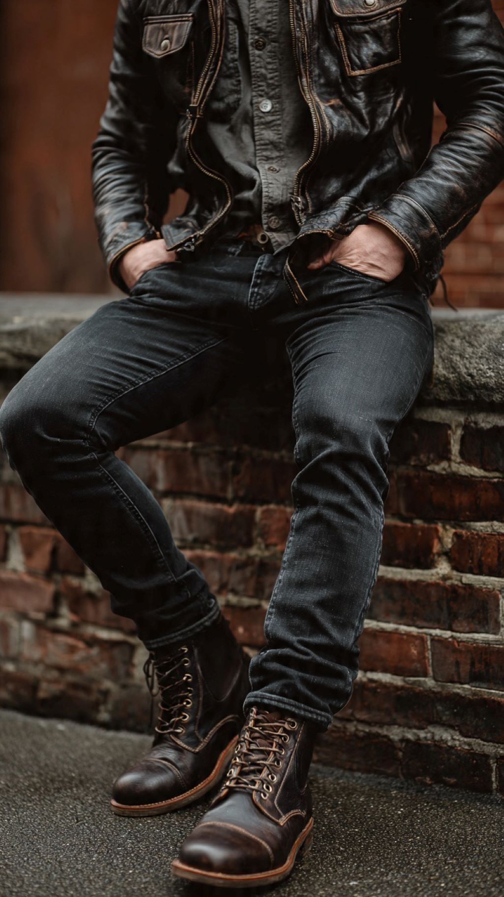 Close-up of rugged masculine style featuring leather jacket, dark jeans, and Chelsea boots