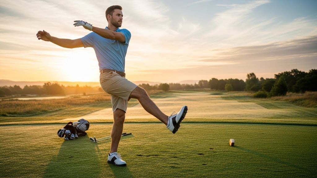 Beginner golfer doing dynamic leg swing exercise to activate hip mobility for better golf swing