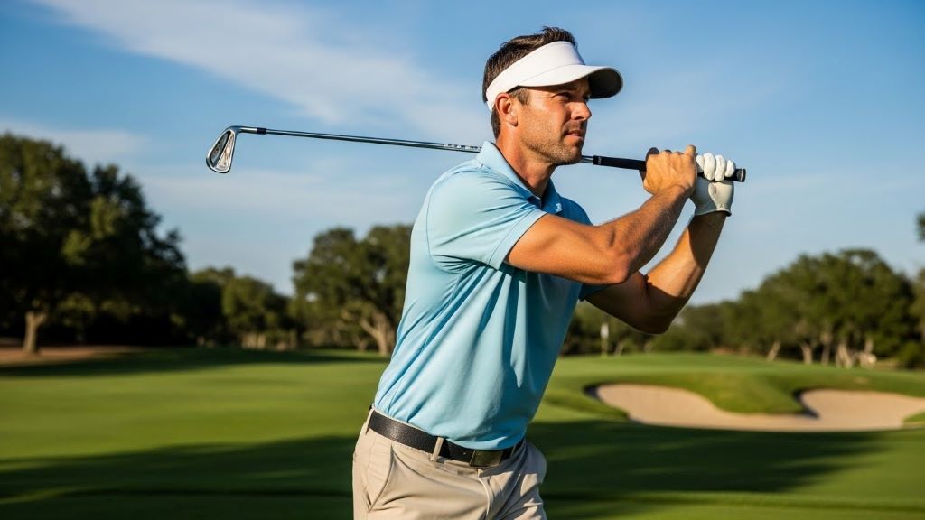 Golfer performing torso rotation warmup drill with club across shoulders before teeing off