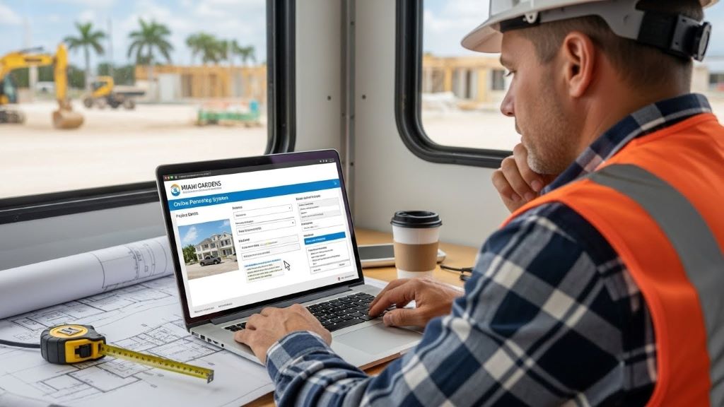 Contractor using laptop to access Miami Gardens online permitting system for construction project applications