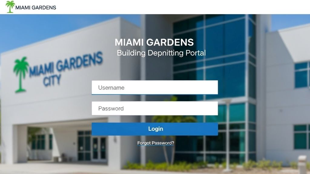 Miami Gardens building department permitting portal login screen showing username and password fields
