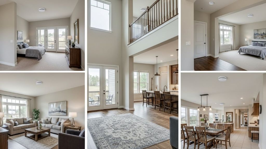 Interconnected smoke and carbon monoxide detectors installed throughout spacious open-concept home showing proper placement locations