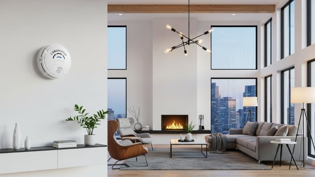 Carbon monoxide detector mounted on white wall in modern open-concept living room with high ceilings and contemporary furniture