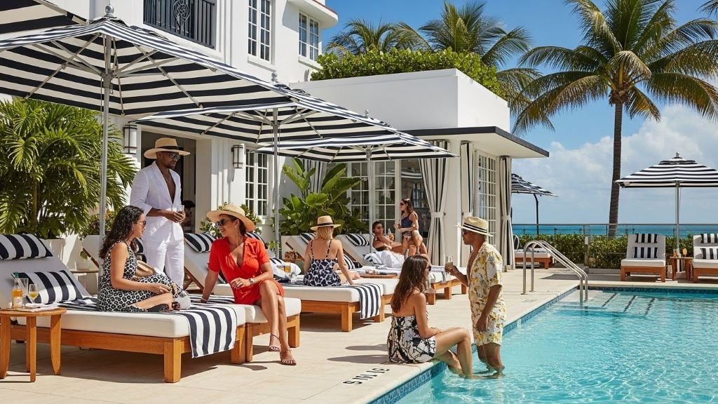 Sophisticated poolside lounging at Soho House Miami Beach with members in upscale resort wear and designer swimwear