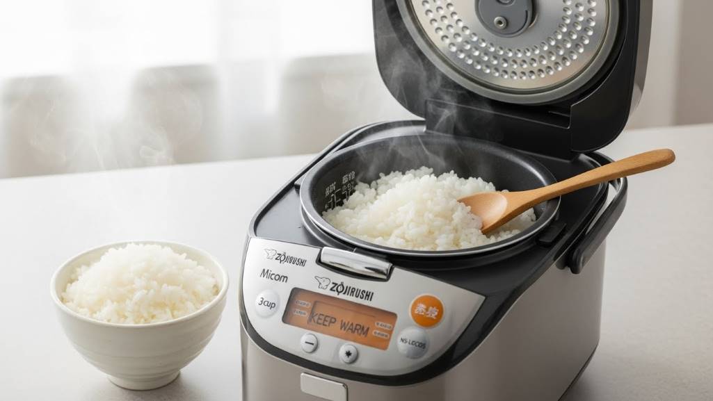 Zojirushi Micom 3-Cup Rice Cooker displaying fluffy white rice in a bowl.
