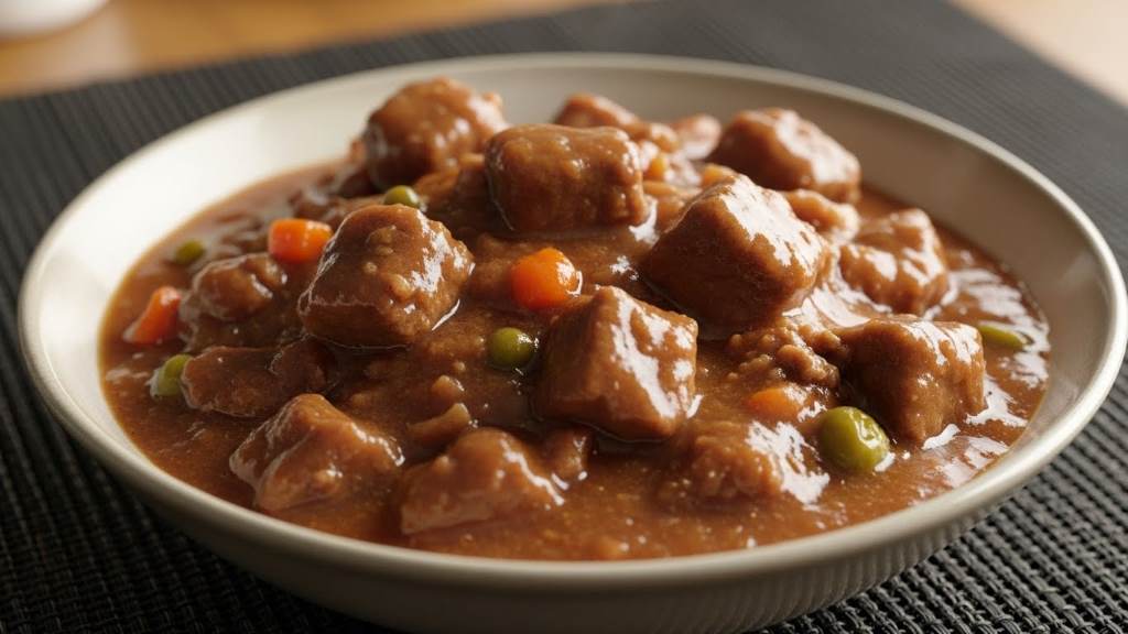 Appetizing bowl of Pedigree canned beef dog food with gravy chunks
