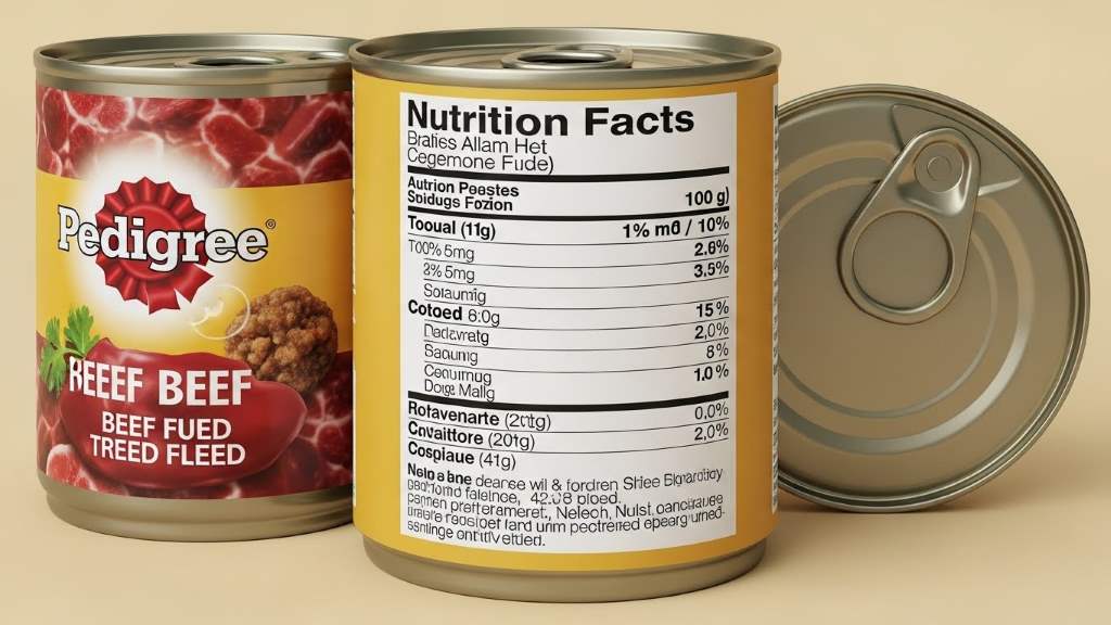 Detailed nutrition label on a can of Pedigree beef wet dog food