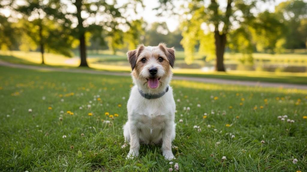 Happy small dog wearing Seresto collar outdoors