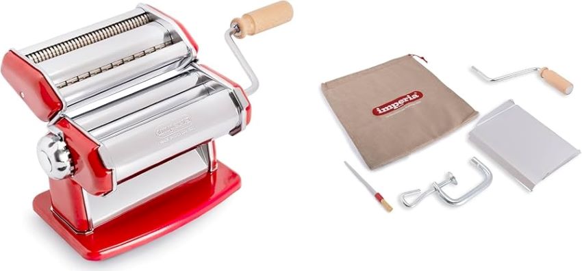 Imperia pasta maker on a kitchen counter, showcasing classic Italian stainless steel design and hand-crank mechanism.