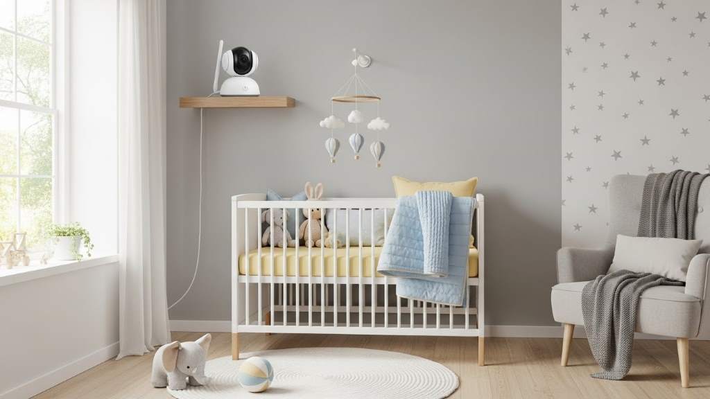 Modern nursery room with a baby monitor camera mounted on a shelf overlooking a cozy crib filled with soft bedding and toys
