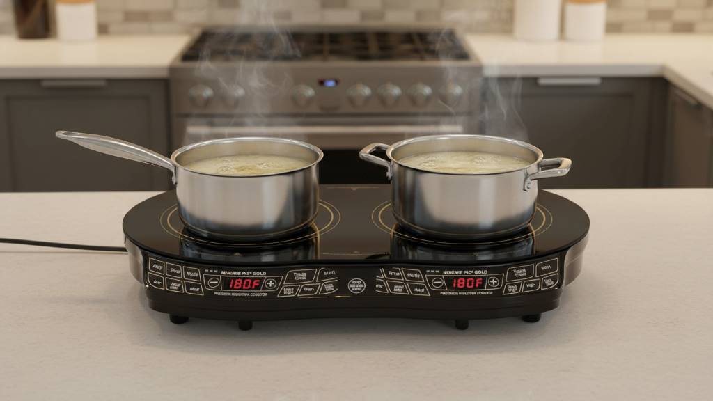 NuWave Double Induction Cooktop with two pots simmering evenly on ceramic glass surface