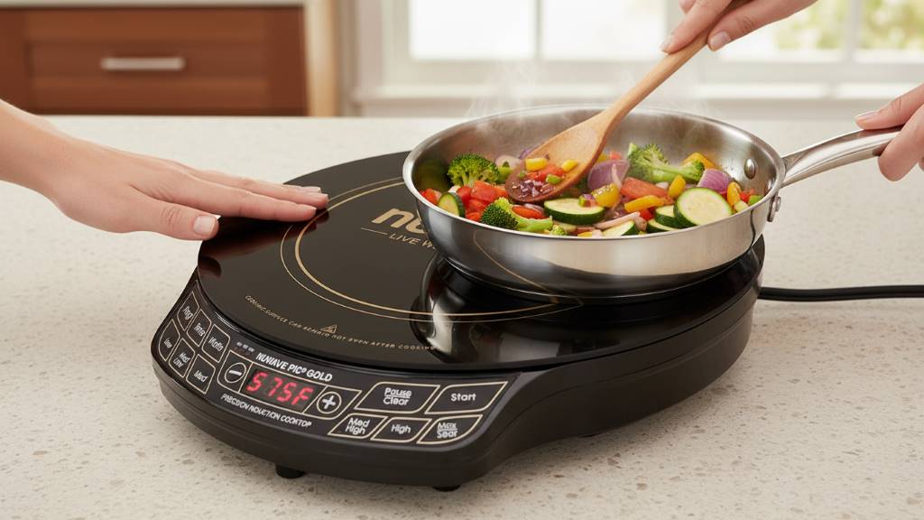 Person safely touching cool induction cooktop while cooking vegetables in stainless steel pan