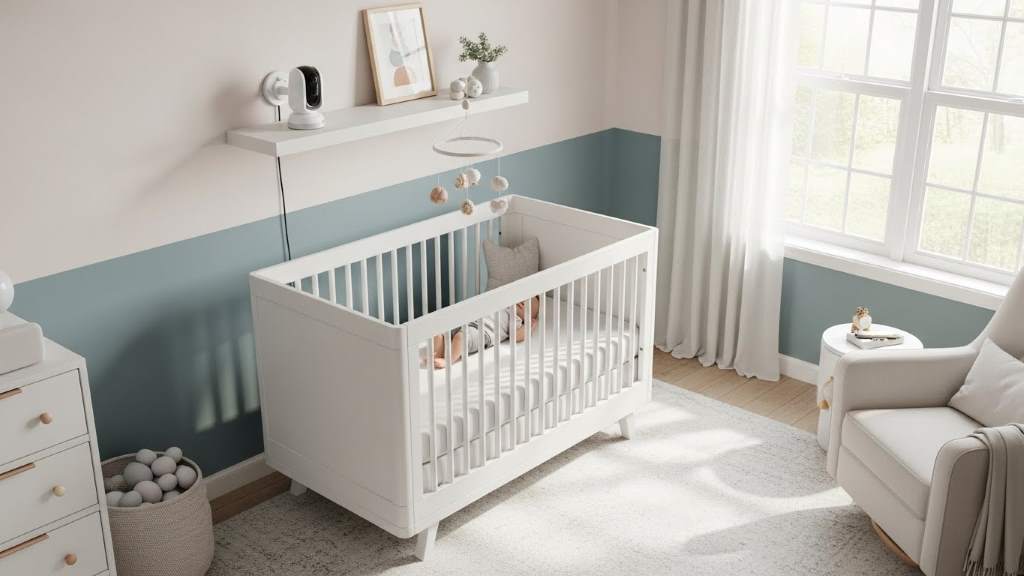 Stylish baby nursery setup showing a dedicated baby camera on a shelf providing a clear overhead view of the sleeping crib