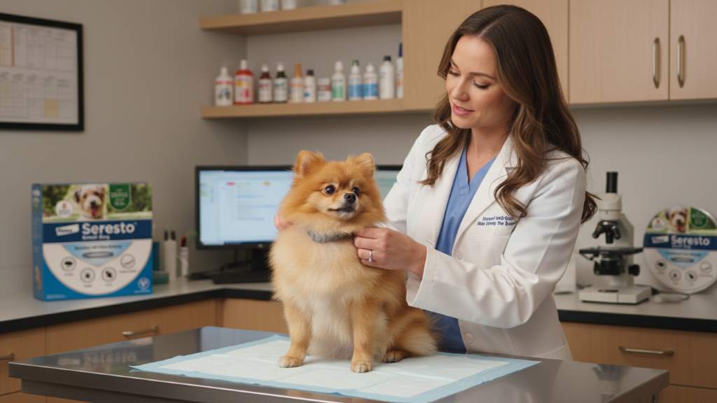 Veterinarian fitting Seresto collar on a Pomeranian