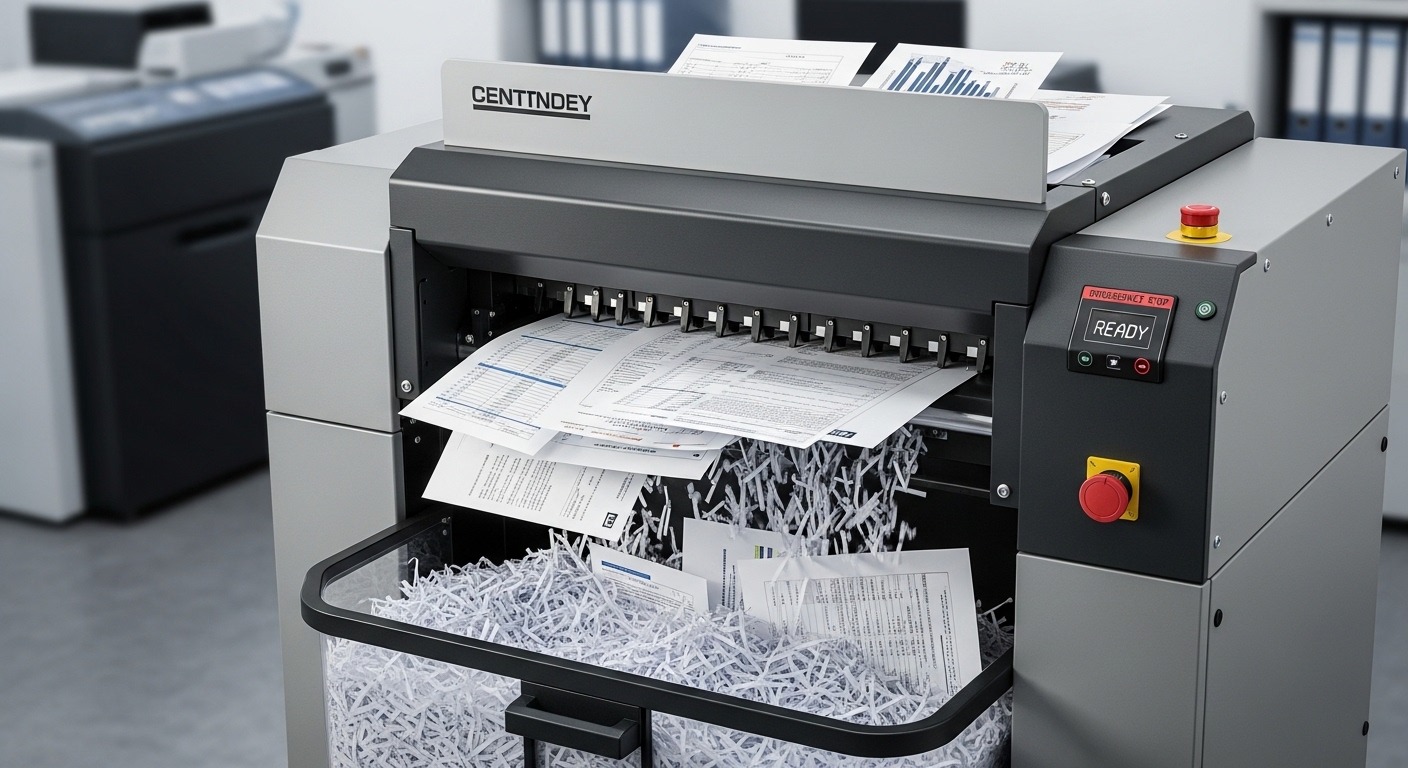 Industrial paper shredder with wide feed opening handling high-volume document destruction for business security