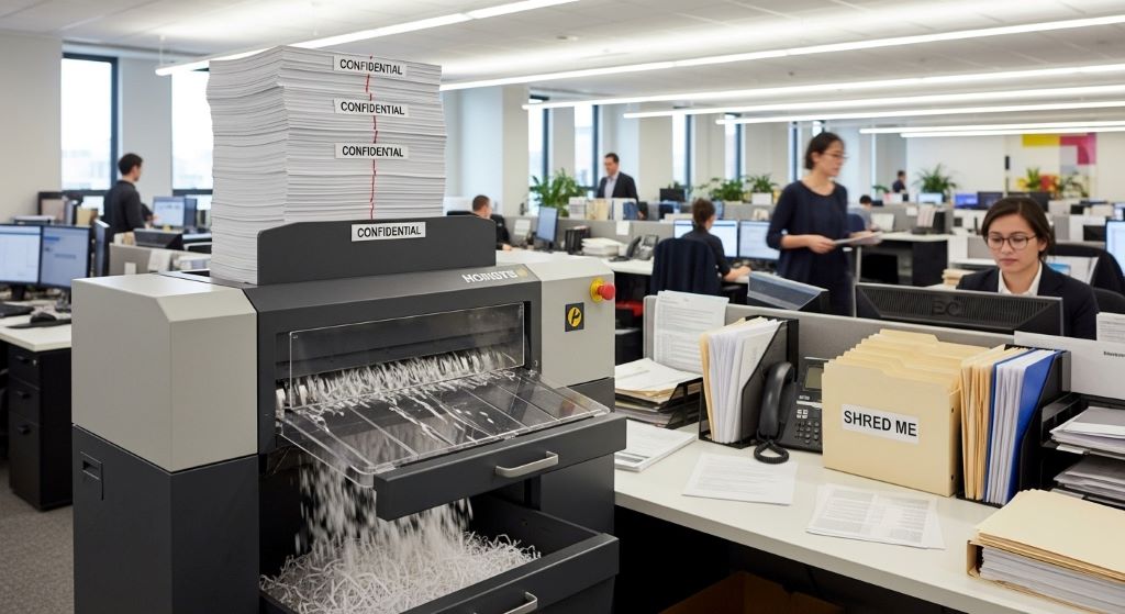 Heavy-duty office shredder processing stack of confidential documents in commercial workplace environment