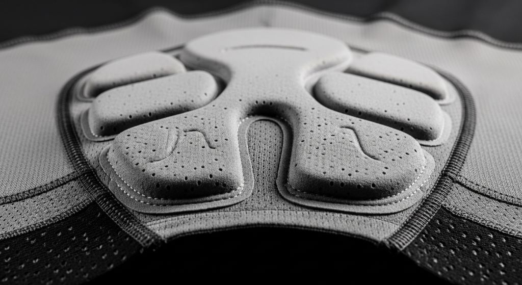 Close-up of cycling shorts padding and breathable fabric design