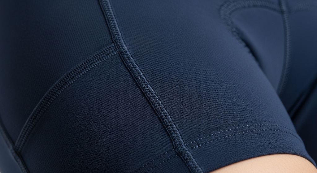 Close-up of women's anti-chafing cycling shorts showing flat seam construction and moisture-wicking fabric detail