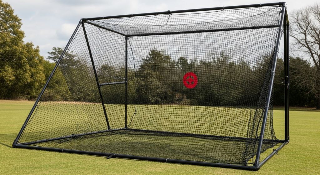 Heavy-duty golf net with steel frame showing quality construction and multi-ply netting material