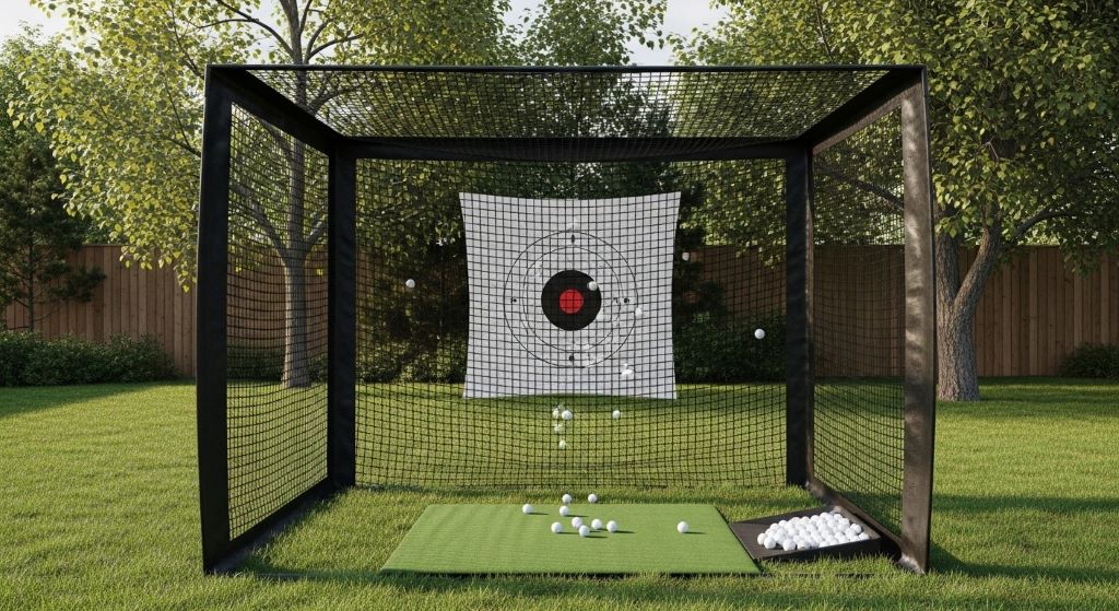 Durable golf practice net with reinforced netting catching golf balls in backyard setup