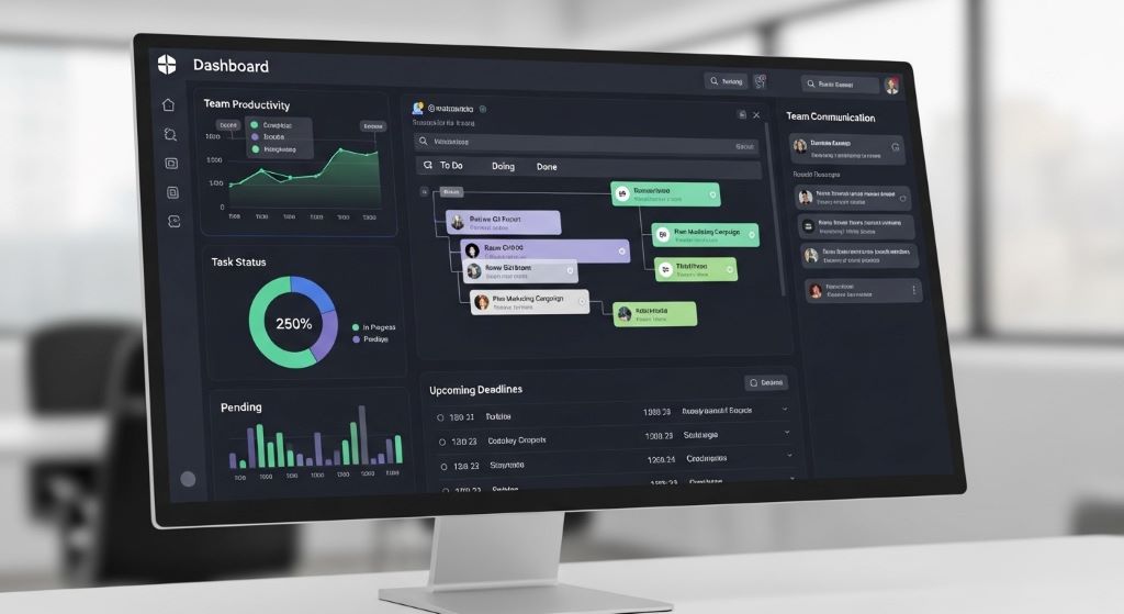 Dashboard showing business productivity metrics and workflow management tools interface