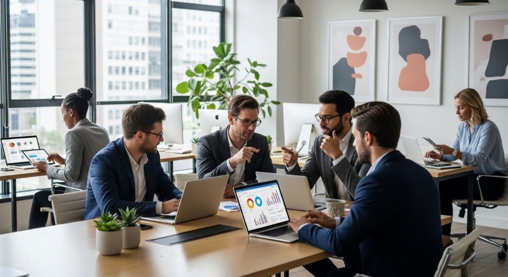 Business team collaborating using productivity software on laptops and tablets in modern office