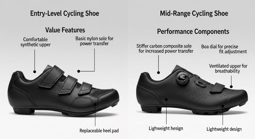 Comparison of entry-level and mid-range cycling footwear displaying value features and performance components