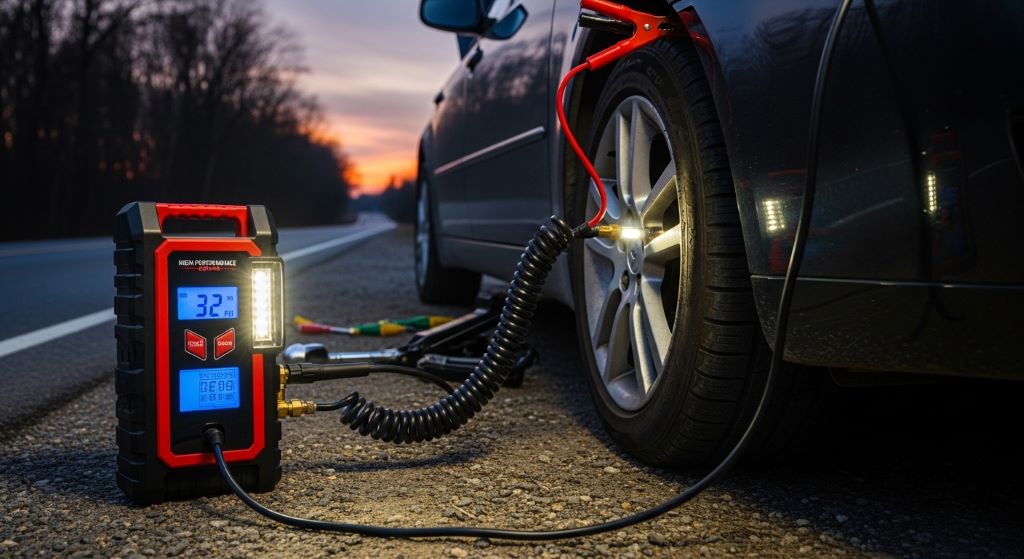 Compact high-performance tire inflator connected to vehicle tire valve stem with power cord attached to car battery for emergency roadside use