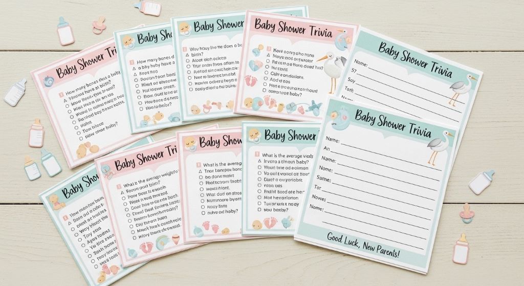 Trivia question cards and answer sheets for baby shower party game