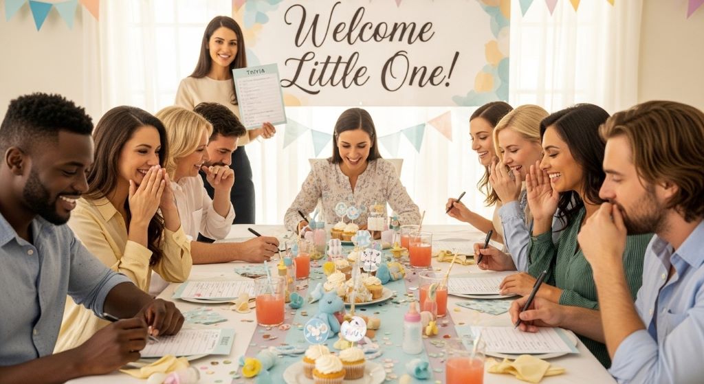 Baby shower guests playing trivia game together at decorated table