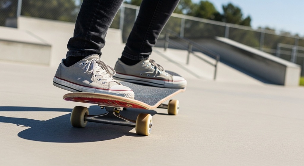 Close-up of skate lifestyle shoes gripping skateboard deck
